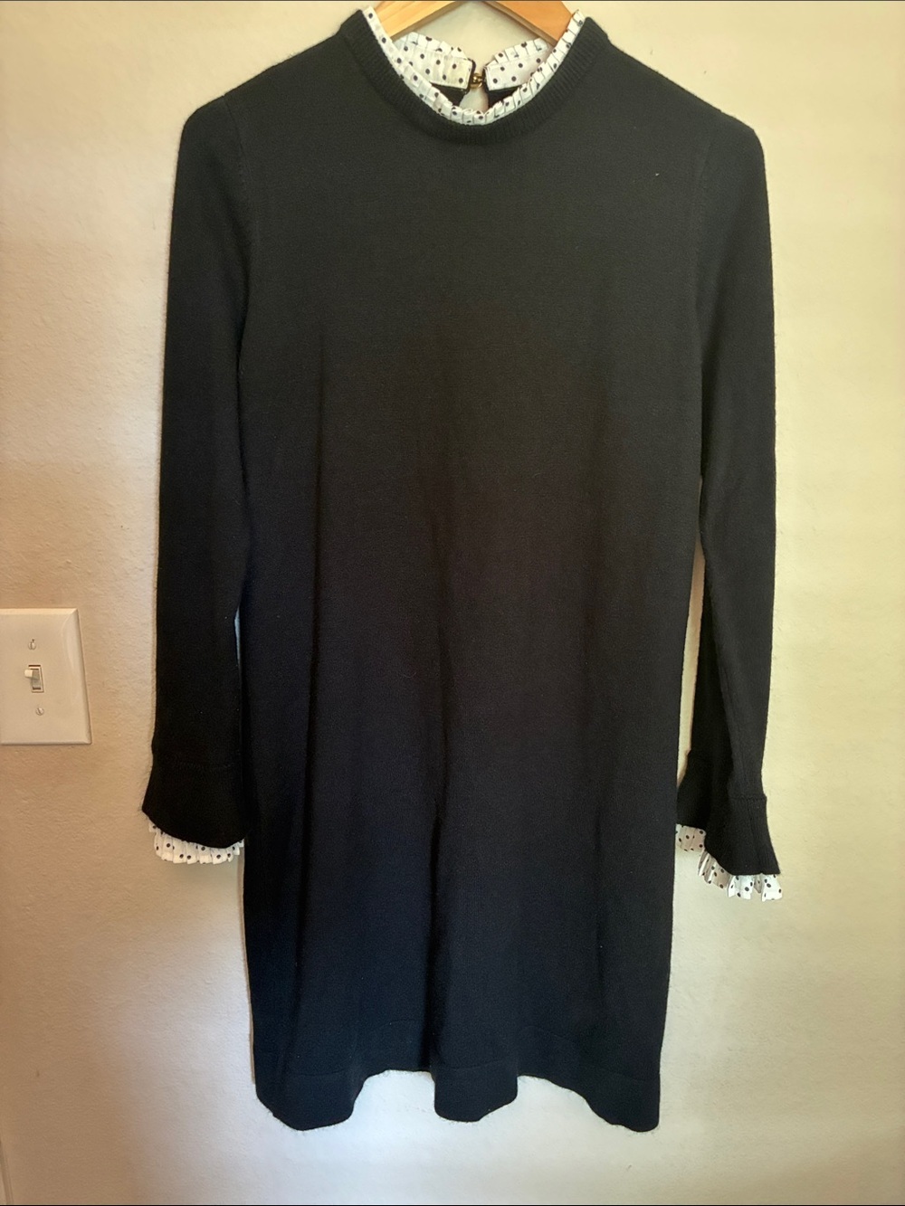 Vince Camuto Black Sweater Dress Polka Dot Ruffle Collar Cuffs size M
